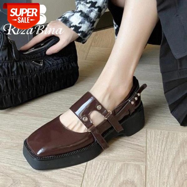 

rizabina women real leather pumps square toe thick heel buckle metal decoration cool shoes ladies footwear size 34-39 #wa88