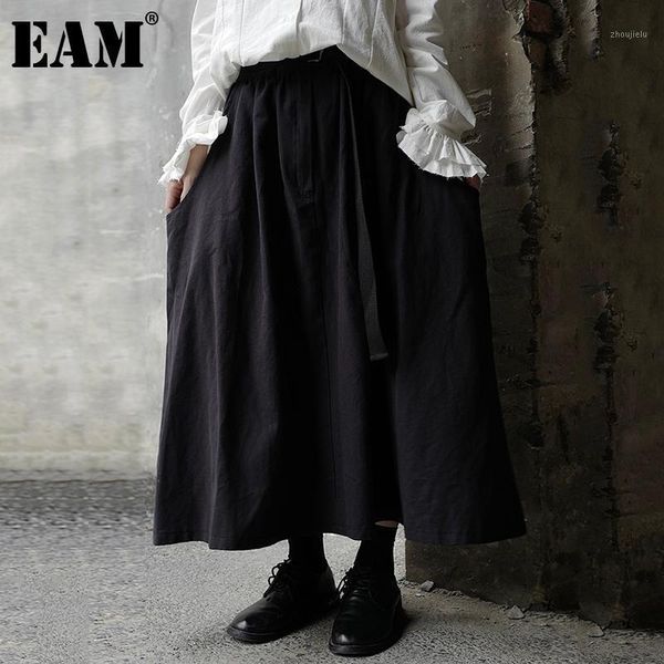 

eam] high elastic waist buckle black brief temperament long half-body skirt women fashion tide new spring autumn 2020 1db1511
