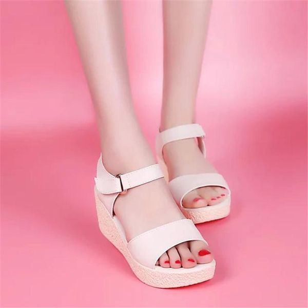

leisure peep toe basic platform wedges women sandals solid buckle gladiator ladies shoes front rear strap med summer sandals, Black