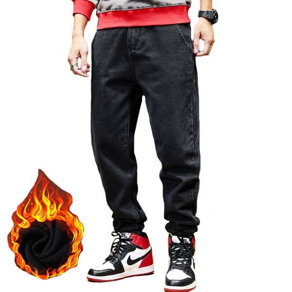 

2021 new fashion streetwear men jeans spliced designer denim cargo pants plus size 28-44 hip hop joggers winter velvet warm long trousers jx, Blue