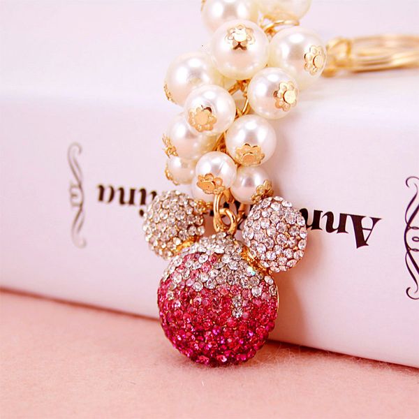 

car creative luxury pearl rhinestone mouse head key chain women's bag pendant, Silver