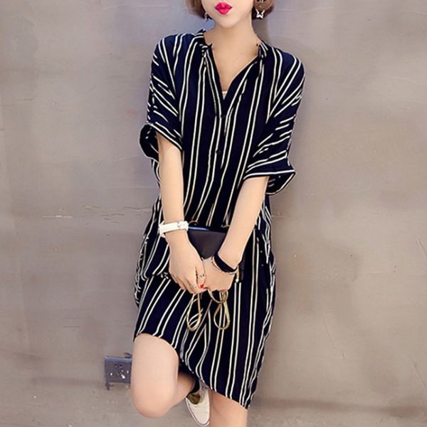 

women summer loose striped v neck fashion short sleeve print stripe beach es plus size vestidos femme w2, Black;gray