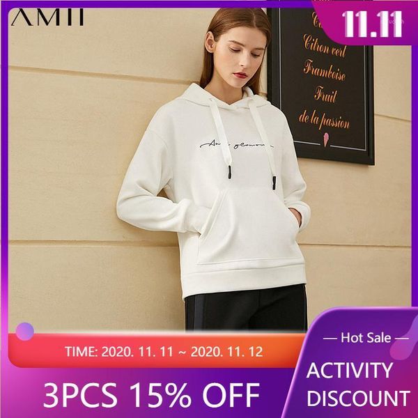 

amii minimalism winter fashion hoodies for women causal embroidery hooded fleece sweatshirt women pullover 120302581, Black