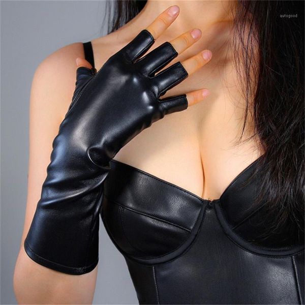 

five fingers gloves 28cm half finger long medium and section emulation leather sheepskin pu black fingerless mittens female1, Blue;gray
