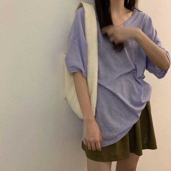 

big fat mm korean loose belly cover women's summer new slim versatile v-neck thin short sleeve t-shirt student1, Red