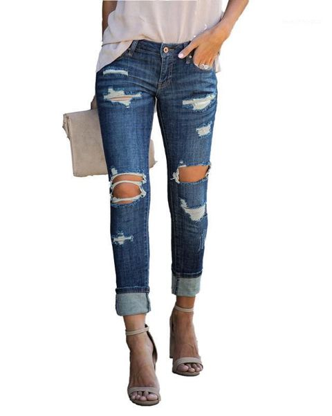 

women's jeans 2021 spring summer fashion high waist ripped hole women slim elastic skinny denim pants vintage casual calca pants1, Blue