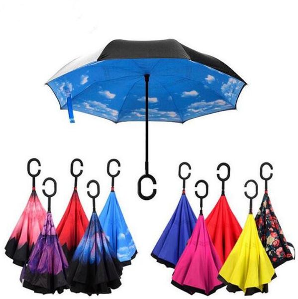 

folding inverted 52colors double layer windproof chuva reverse umbrella self stand inside out rain protection c-hook han