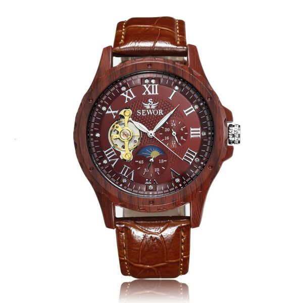 

swarch tourney men's mechanical watch sewor leisure luminous pointer leather japanese and korean wrist watch machinery, Slivery;brown