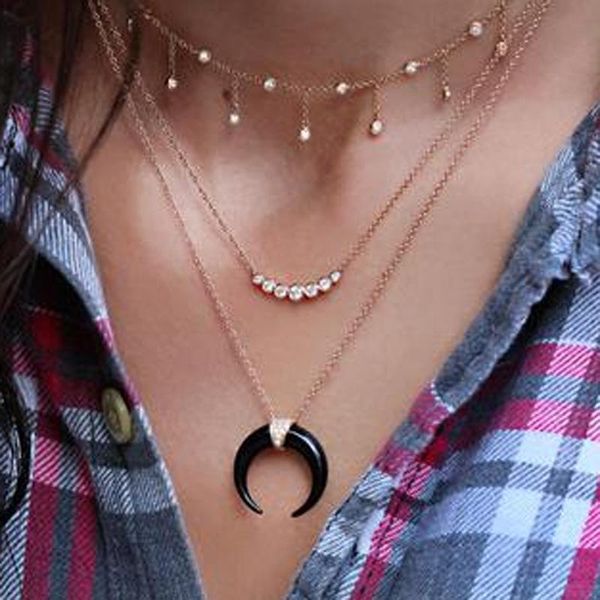 

brling new 2020 fashion ins vintage chain pendant choker crystal black crescent horns moon necklace for women girls gifts party, Golden;silver
