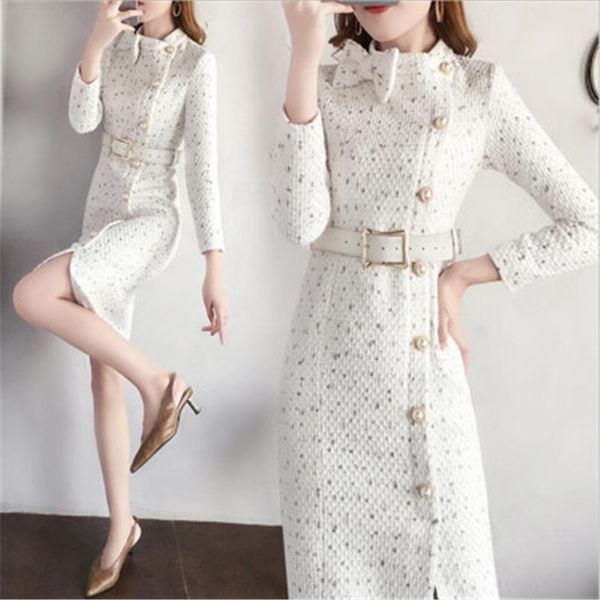 

new autumn and winter women's elegant tweed dress bow collar long-sleeved women's fashion dress vestoidos lj201202, Black;gray