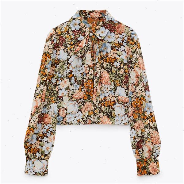 

za woman 2021 long sleeve cropped blouse women vintage tied print chic lapel collar jewel button female floral short, White