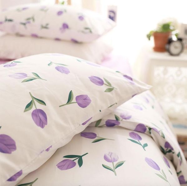 

cute purple tulips flower bedding set,cotton twin full  romantic pastoral home textile bed sheet pillow case duvet cover