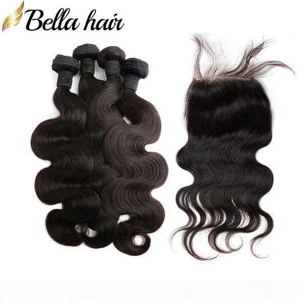 

8a brazilian virgin human hair bundles with closures 4pc hair weft+1pc lace closure 4x4 body wave hair extensions 5pcs bellahair, Black