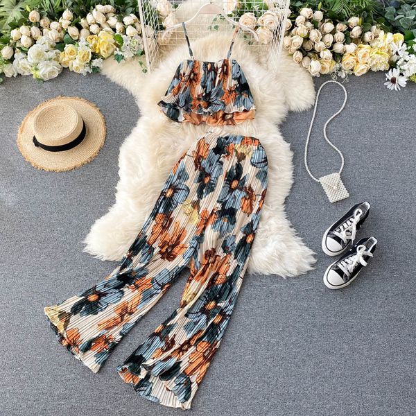 

2021 new female autumn printing suits off the short shoulder strap + high pants pieces together r6sr, Gray