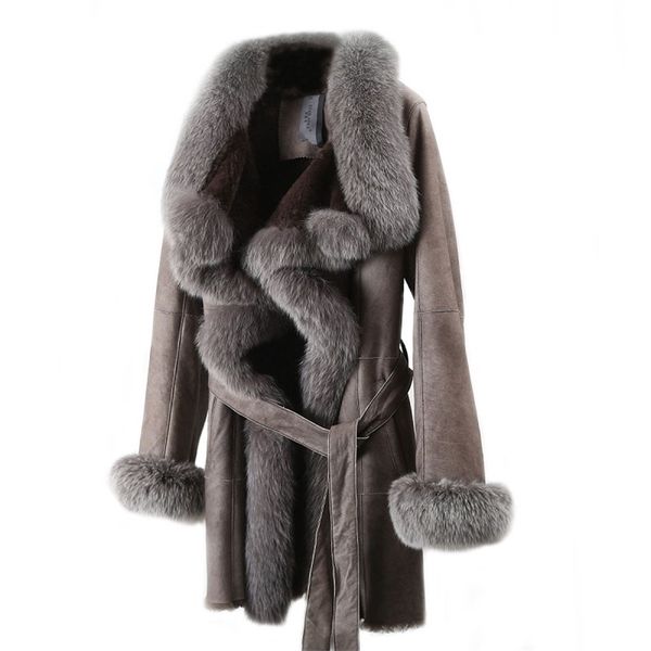 

women leather coat lamb fur coat female medium slim fox fur collar fur coat leather casual style genuine leather 201215, Black