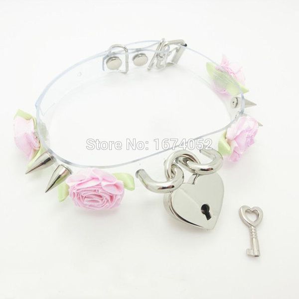 

kawaii lolita punk gothic girl handmade clear vinyl transparent double spikes rose flowers choker heart lock collar necklace, Silver