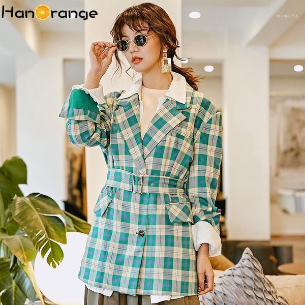 

autumn ladies long belt coat 2020 coat fruit green plaid long blazer elegant women outwear1, White;black