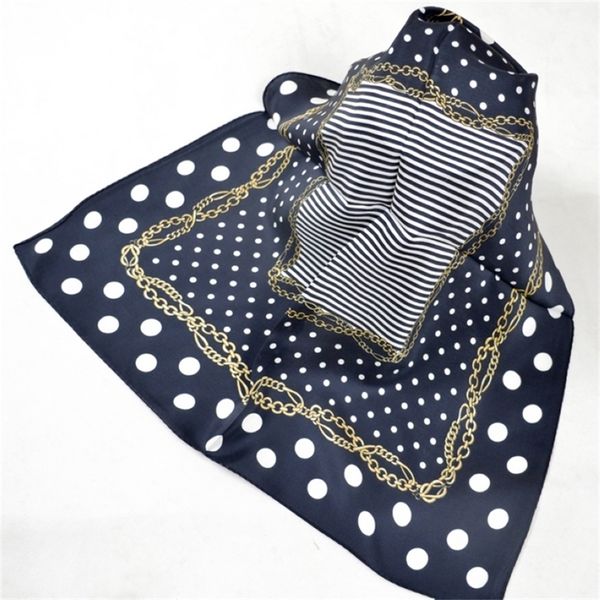 

europe america style 100% small square printed fashion white round dot chain satin female pure silk scarf y201007, Blue;gray