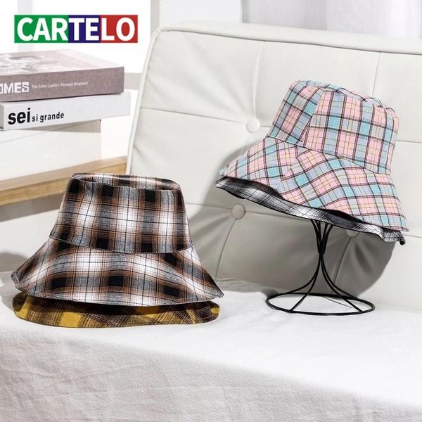 

wide brim hats cartelo spring and summer hat female lattice double-sided fisherman fashion wild face sunscreen, Blue;gray