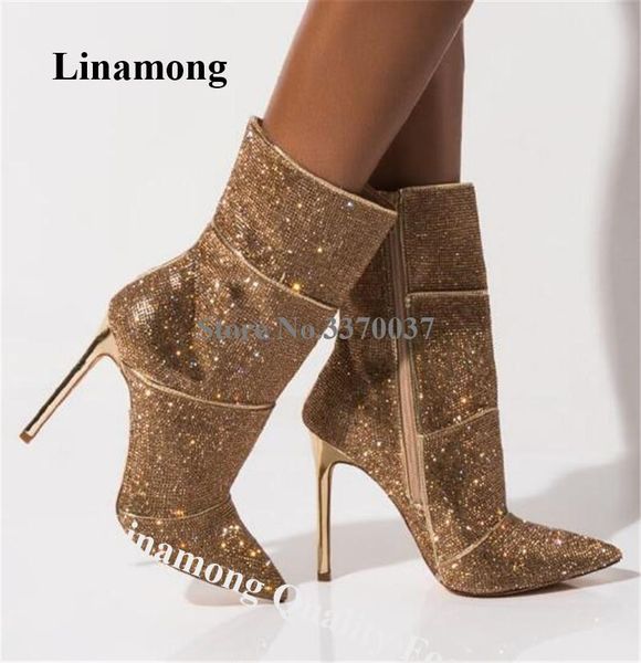 

linamong bling bling pointed toe rhinestone stiletto heel short boots gold silver crystal ankle booties wedding dress heels, Black