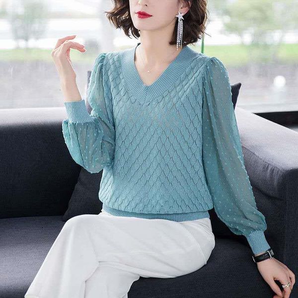 

hollow breathable long sleeve knitted sweater female diamond lattice lace lantern sleeve stitching loose jumpers women spring, White;black