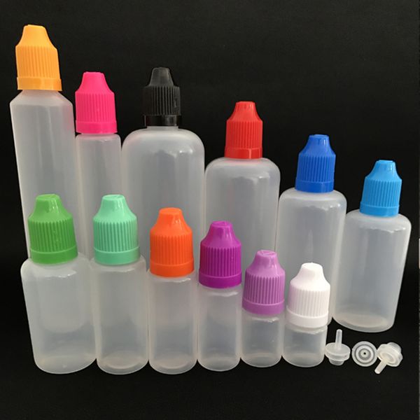 Bottiglia di succo vuota in PE 3 ml 5 ml 10 ml 15 ml 20 ml 30 ml Bottiglie contagocce con ago in plastica Ecig liquido LDPE con tappo a prova di bambino
