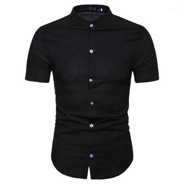 

solid color cotton linen shirt men 2020 brand summer short sleeve mandarin collar shirts mens business casual social shirt male1, White;black