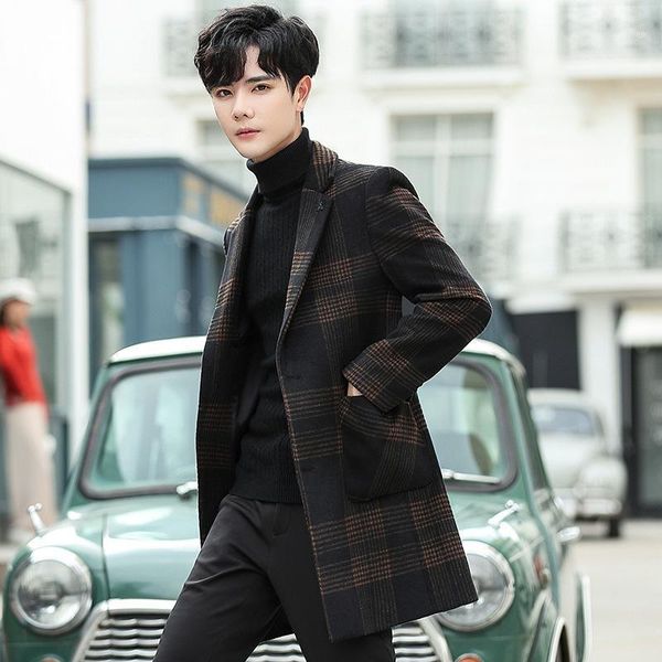 

2020 new winter coat male long young men grid cloth coat of cultivate morality in manual wool1, Black