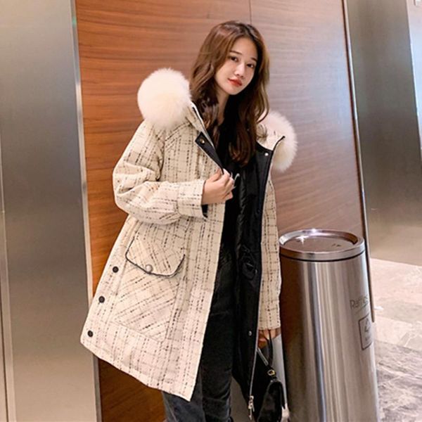 

down jacket women 2020 new korean version of mid long loose fashion waist thickening plaid small fragrance coat, Black