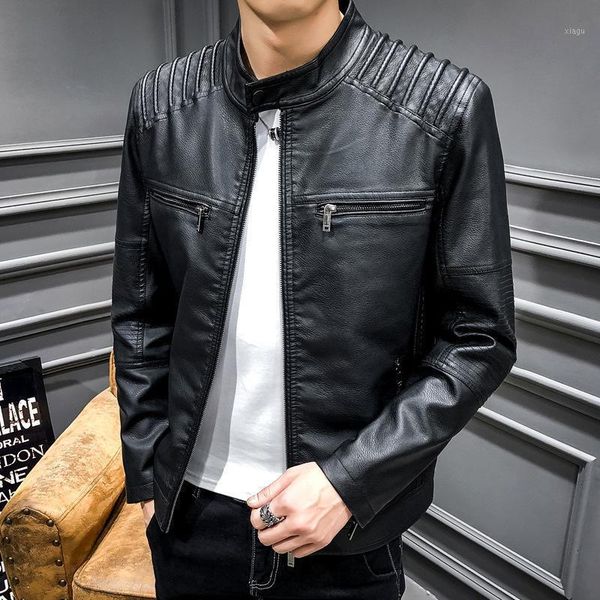 

new mens pu leather jacket motorcycle long sleeve stand collar male coat black yellow blue t1411