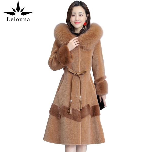 

leiouna plus size fur slim fox fur sheep sheared coat female long fashion new wool hooded jacket warm women parker overcoat 201031, Black