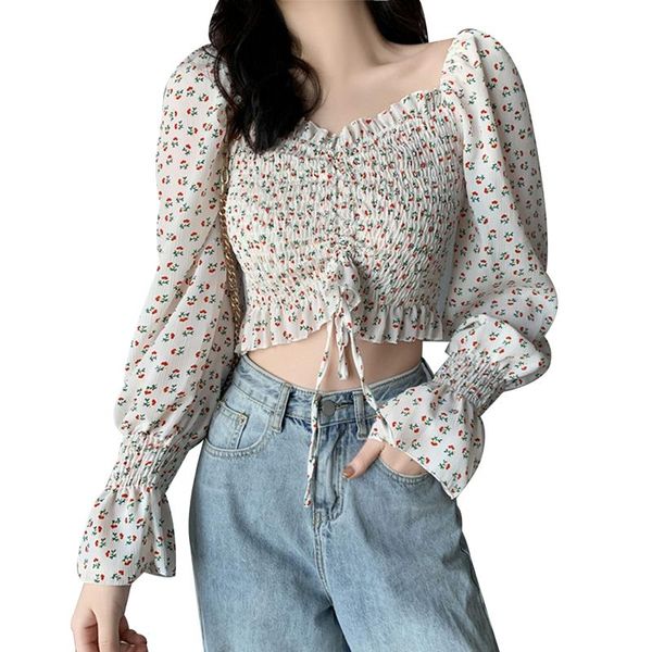 

women's fashion shirts long sleeve square neck blouse floral for vacation travelling party pgraphy, White