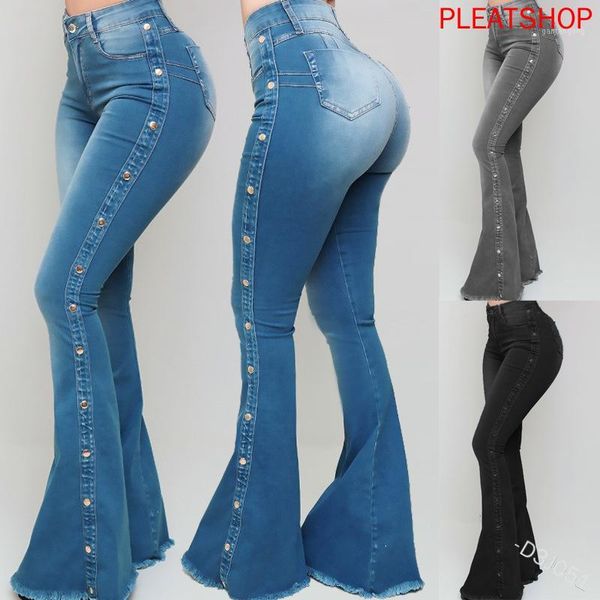 

autumn european and american new women's casual pants side buckle bell-bottom pants high waist jeans1, Blue