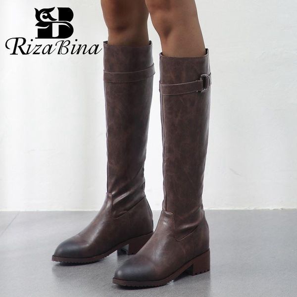

boots rizabina size 34-48 women 2021 arrival knee high round toe outdoor winter straight buckle zipper long1, Black