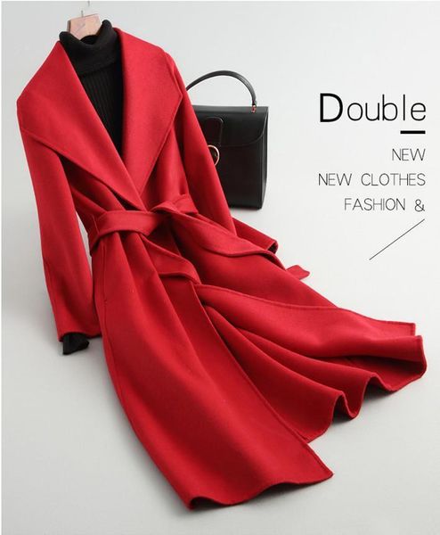 

women wool coat 2020 new arrival turn-down collar woolen outerwear winter slim belt wool long, Black