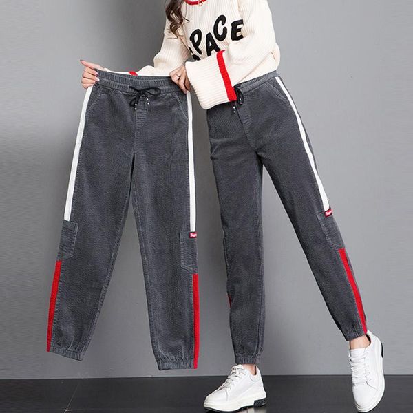 

women's pants & capris stripe patchwork loose corduroy sweatpants women elastic high waist korean style straight female casual trousers, Black;white