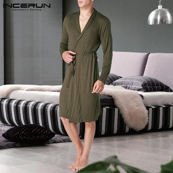 

incerun fashion men robes plain v neck casual kimono soft comfortable bathrobes long sleeve men nightgown homewear plus size 5xl1, Black;brown