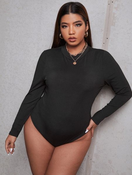 

plus ribbed knit mock neck bodysuit q2bp#, Black