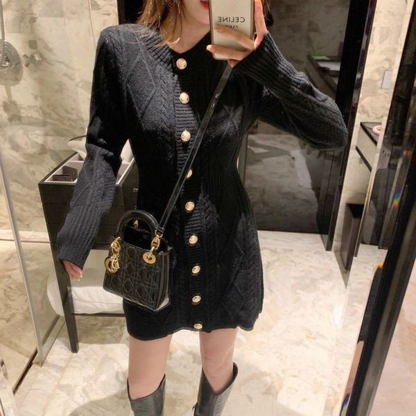 

new 2021 spring elegant the neck feminine dressed in solid nightgown long sleeve knitted or crocheted dress of medium length y7dn 2od4, Black;gray