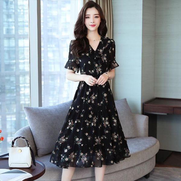 

s 5xl plus size chic floral dress women korean casual printed loose black dress elegant ruffle v neck midi summer dresses ladies, Black;gray