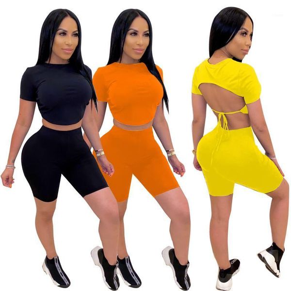 

ladies two-piece suit summer women short-sleeved halter lace-up crop five-point pants solid color nightclub party set1, White