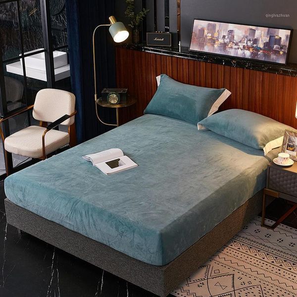

1 pc fitted sheet coral fleece sabanas cama solid color bed sheets on an elastic band winter warm bed linen for bedclothes1