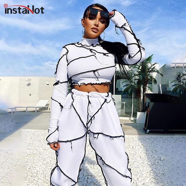 

instawomen two piece set casual streetwear cropped long sleeve and sweatpant autumn tracksuit 2020 fashion striped, Gray