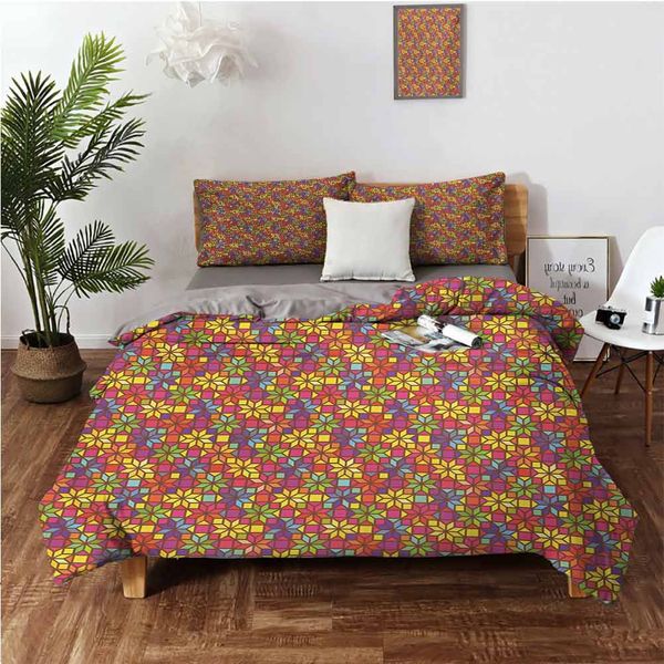 

stained glass style pattern with flower motifs geometrical star shapes mosaic tilebedding 3-piece set