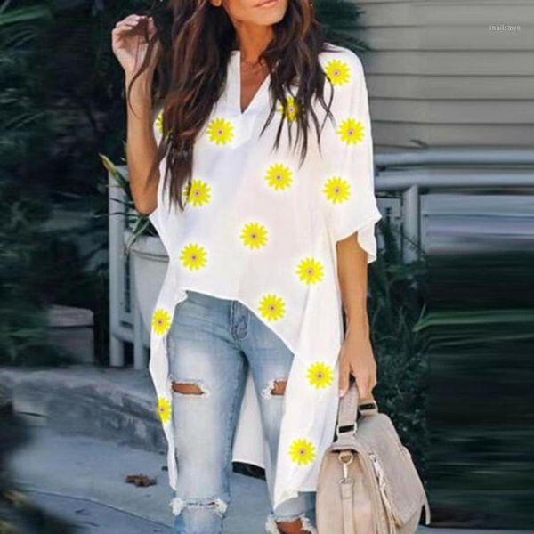 

plus size blouses womens shirts boho blouse v-neck daisy print summer casual chiffon asymmetrical tees kobiety bluzki1, White