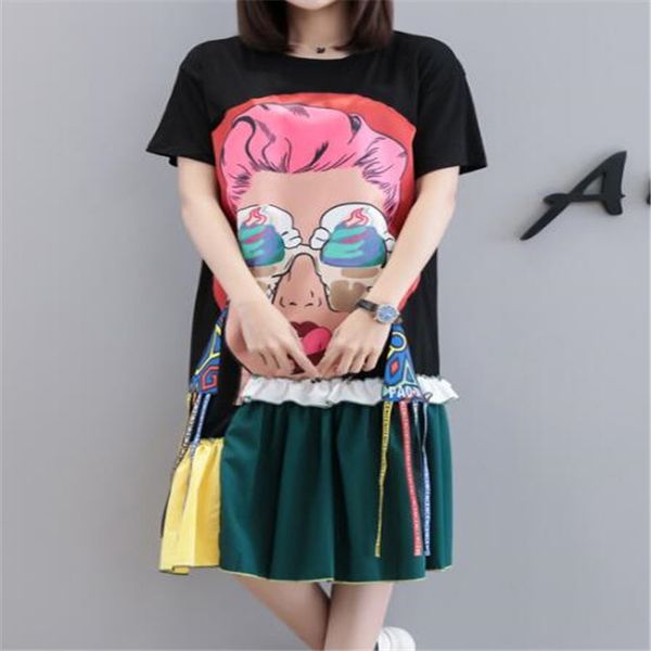 Moda solta confortável tamanho grande vestidos das mulheres streetwear vestido de algodão auto-retrato dos desenhos animados joelho-camiseta vestido de t-shirt