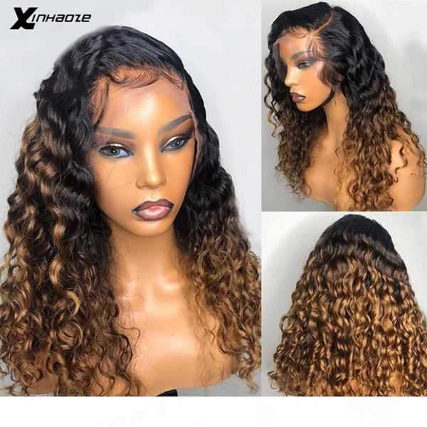 

13*6 ombre brown color lace front wig with baby hair curly human hair wigs for women brazilian remy glueless lace wig, Black;brown