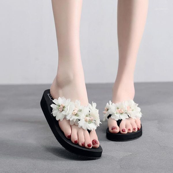 

med heel slippers cloth with floral sandals for woman ladies summer fresh flip flops women wedge beach waterproof slippers1, Black