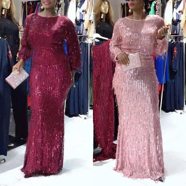 

long sleeve mermaid sequins dress autumn sparkly elegant plus size shiny party evening african clothes dress women floor length, Black;gray