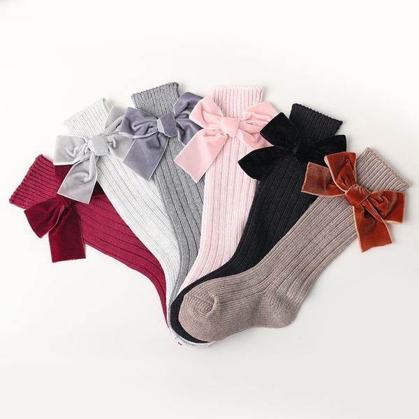 

baby girls socks for newborn infant long silk bow knee high knit winter warm soft cotton socks kid long tube princess socks 0-3y y201009, Pink;yellow